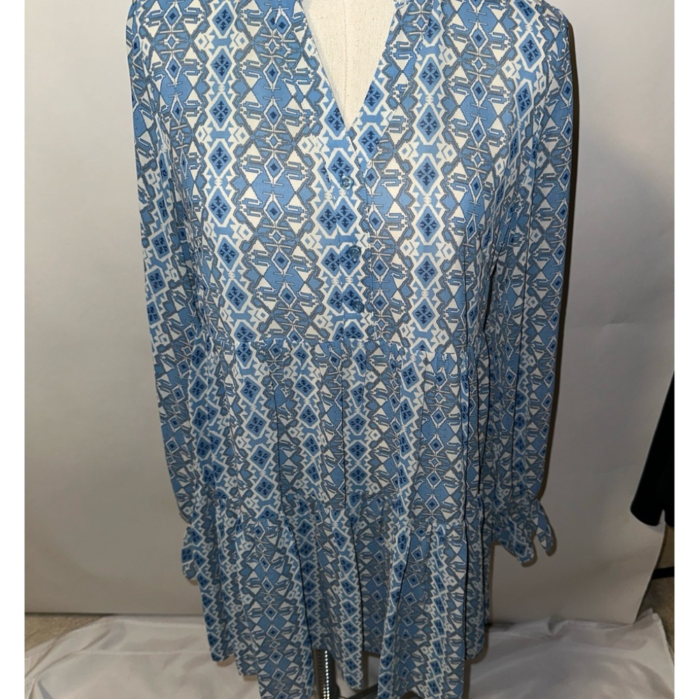 Elan Prairie Dress Ruffle Sleeves Midi Swing Geometric Pattern Medium